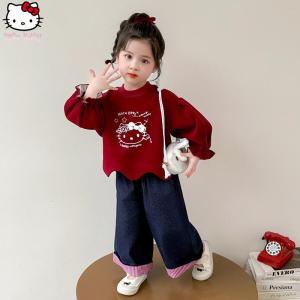 Christmas gifts Halloween Kawaii Hello Kitty Sanrio Jeans Girls Spring Autumn New Cartoon Anime Long Sleeves T Shirt Children Fashion Sweet Casual 2Pcs