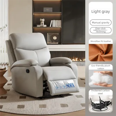 Manually Operated Sofa Light Gray White And Orange Genuine Leather Recliner With Footrest And Armrests Hheight Adjustable