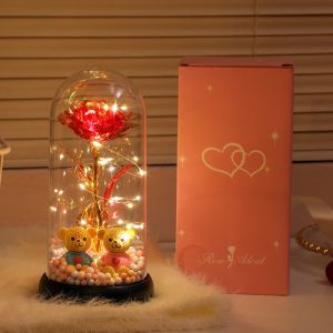 oldlaiben Romantic Night Light Lamp Glowing Bear with Eternal Roses Glass Bedroom Decor Creative Gift Birthday Hadiah