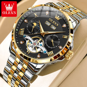 OLEVS automatic watch original watch men fashion luxury diamond waterproof luminous multifunctional dual calendar dial stainless steel mechanical watch