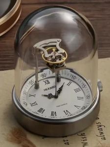 FFBH Mechanical Style Table Clocks Glass Dome Cover Space Cabin Shape Table Clocks Dustproof No Battery Vintage Steampunk Home Decor P7Q2M
