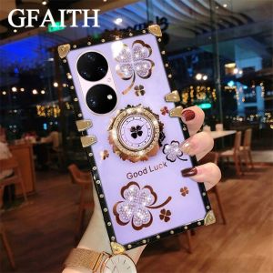 GFAITH Phone Case OPPO A5i A3X A60 4G A3 5G 4G  A3 Pro A38 4G A18 A17 A17K A77S A57 4G 2022 A77 5G A96 4G A76 A15 A16e Find X5 Pro A55 4G 5G A54 A54S Casing Ins Luxury Fashion Rhinestone Clover Hard Straight Sided Square Diamond Acrylic Case Ring Bracket