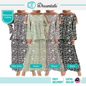 [Clearance] Dreamtale Baju Set Wanita Musliah Samira Muslimah Wear Floral Printed Batik Muslimah Suit Como Crepe Muslim Blouse & Skirt Baju Set WCO147