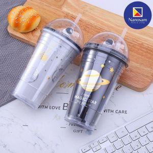 450ML Astronaut Galaxy Water Bottle Tumble with Straw Birthday Couple Gift Water Bottle Botol Air Galaksi 太空人吸管塑料杯