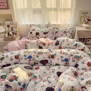 Floral Printed Duvet Cover Skin-friendly Breathable Quilt Cover Kitty Comforter Cover Single/Queen/King for Adult/Kids