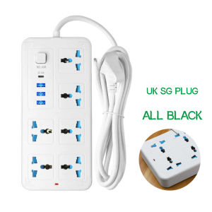 FUNAYA Safety Socket 6 8 10Way Universal Smart Power Strip Extension Multiplug Cord Power Socket with 4 USB Ports Switch Lightning Protection 2 Meter Extension SG Plug PD65W with master switch black white sockets