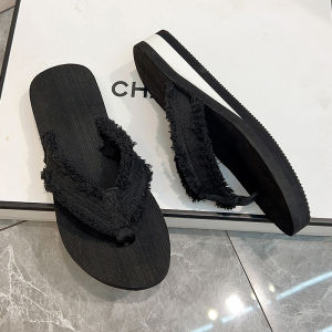 [Free Shipping] Womens Summer Casual Outdoor Wedge Thick-Soled Solid Color Canvas Frayed Edge Beach Sandals Flip-Flops