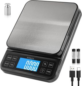 BOMATA Large Kitchen Scale with 0.1g/0.001oz High Precision 5kg/11lb Bakery Scale with% Percentage Function USB Rechargeable Full-View Angle LCD with Backlight Stainless Steel Pan