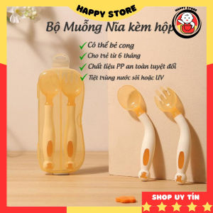 Bộ thìa nĩa cho bé tập ăn dặm bẻ cong 360 độ muỗng nĩa tập xúc cho bé kèm hộp cao cấp Happy Store