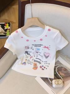 เสื้อเบลาส์สง่างามแบบลำลองแบบสั้นสำหรับผู้หญิงเสื้อเบลาส์แฟชั่นกระดุมประดับ2024ลายการ์ตูนรูปสัตว์และอักษรย่อเสื้อยืดผ้าฝ้ายฤดูร้อน