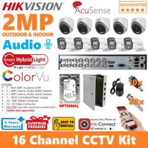 HIKVISION 16CH 2MP 10Cameras (5 Outdoor Bullet 5 Indoor Turret/Dome) ColorVu Audio Camera Package 16CH DIY CCTV KIT 16/10CRA2 CPS(5B5D) NASHANTOO (with optional HDD)