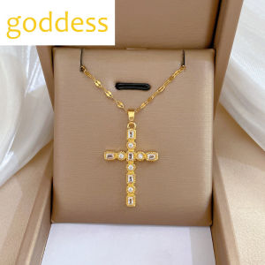 24k Saudi Gold Necklace Pawnable Legit Full Diamond Cross Zircon Clavicle Chain Vintage Light Luxury Titanium Steel Necklace