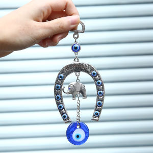 Turkish Silver Horse Shoe Blue Evil Eye Wall Hanging Ornament with Elephant - Turkish Nazar Bead Amulet – Home Protection and Good Luck Charm Gift