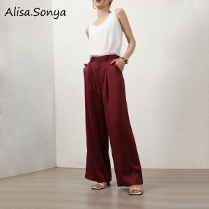 Alisa.Sonya High Waist Suit Pants Elegant Formal Trousers Straight Luxuary Silky Soft Fabric Women Wide Leg Palazzo Pants