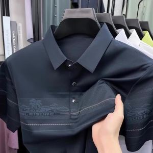 Summer Top Formal Polo Shirt Men Relaxed Fit Soft Plus Size Palm Tree Embossed Pattern Stretch Gentleman Papa Polo Tee Man