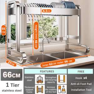 SJORAGE On Hand🔥Over Sink Dish Drying Rack 2Tier 304 Stainless Steel Kitchen Organizer with Utensil & Cutting Board Holder Multi-Functional Sink Storage Shelf