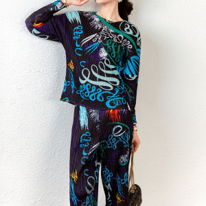 Miyake จีบชุดสูทสไตล์ตะวันตกสำหรับผู้หญิงกางเกงขายาวทรงตรงสำหรับผู้หญิงชุด2ชิ้น X255