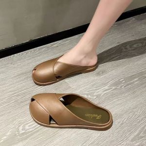 [Free Shipping] Vintage Peep-Toe Sandals for Women Summer New Style Unique Design Closed-Toe Flat Roman Half-Sandals