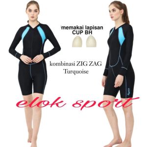 Baju Renang Spandeks Lycra Wanita dengan Cup Bra Motif Zig Zag Warna-Warni