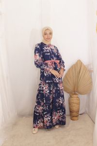 Ilona -  Humaira Dress Syari Wanita Dewasa Bahan Wolfis Baju Gamis Muslim Motif Bunga Sakura