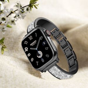 Women Fashion for Apple Watch Strap Series 1-10 45/44/41mm Slim Contoured Links & Luxury Diamond Cut Strap Midnight Silver Gold Adjustable Clasp