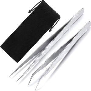 Ho 2 Pieces Straight and Curved Tip Tweezers Eyelash Extension Tweezers Stainless Steel False Lash Application Tools (Pink)