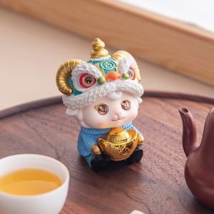 FOUNDTWO Chinese Style Lion Dance Sheep Figurine Cute Gold Ingot Zodiac Sheep Statue Gift Money Bag Resin Ornament Home Office Decor