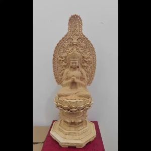 Hinoki Cypress Wood Carved Kuan Yin Bodhisattva Statue with Nine Dragons Back Screen for Home Temple Worship Feng Shui Decor