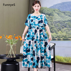 FunnyeS Floral Dress Plus Size Cover Stomach Loose Korean Mid Dress Elegant Casual Temperament 20