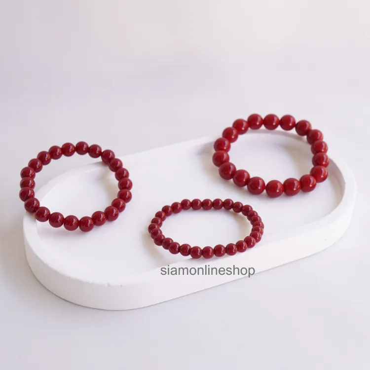 CORAL หินปะการังสีแดง เลือกขนาดเม็ดหินได้ (6-10 มม.) สร้อยข้อมือหินแท้