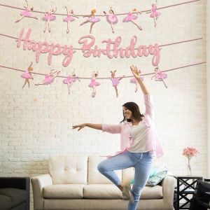 MARINI Paper Material Ballet Birthday Banner Themed Design Pink Color Ballet Theme Set Happy Birthday Decoration Set Ballerina Party Decoration Kids Party