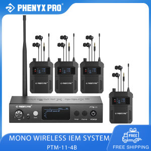 Phenyx Pro PTM-11 UHF Mono Wireless in-Ear Monitor System Single Channel Metal Wireless IEM System 4 Bodypacks Receiver 50 Adjustable Frequencies Separate Outputs 164ft Operation Ideal for Band and Studio