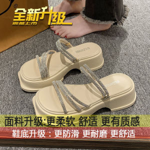 [Free Shipping] Dual-use slippers beach platform thick-soled sandals 2026 new summer style suitable for skirts rhinestone-enhanced height-increasing sandals for women