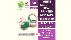 Heavy Duty White Security Seal Printed OPP Packing Tape 48mm x 50m x 50mic (6 ROLLS) SB326
