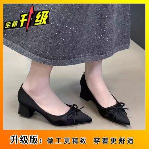 Free Shipping New Autumn And Winter Collection: Bow-Knot Low-Heeled Slip-On Pointed-Toe Satin Evening Pumps Chunky-Heeled Flats For Women