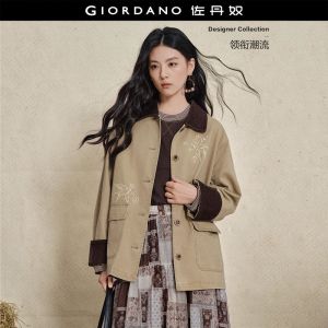 Giordano Women Corduroy paneled swallow embroidery cargo jacket Free Shipping 18376307