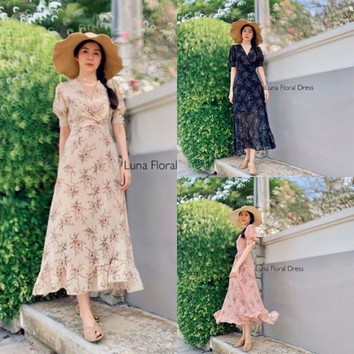 READY STOCK TC321 Luna Korean style Vintage Dress Pantai Gaun Maxi