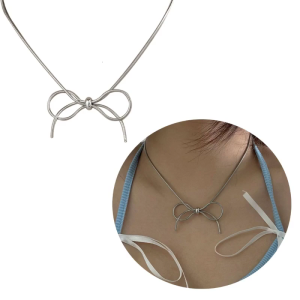 Silver Cute Bowknot Pendant Necklace for Women Teen Girls Birthday Gifts Y2K Stainless Steel Bowknot Clavicle Chain