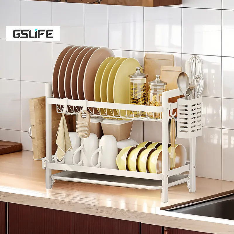 GSlife 2/3 Tiers Dish Drainer Dish Drying Rack Carbon Steel Plate
