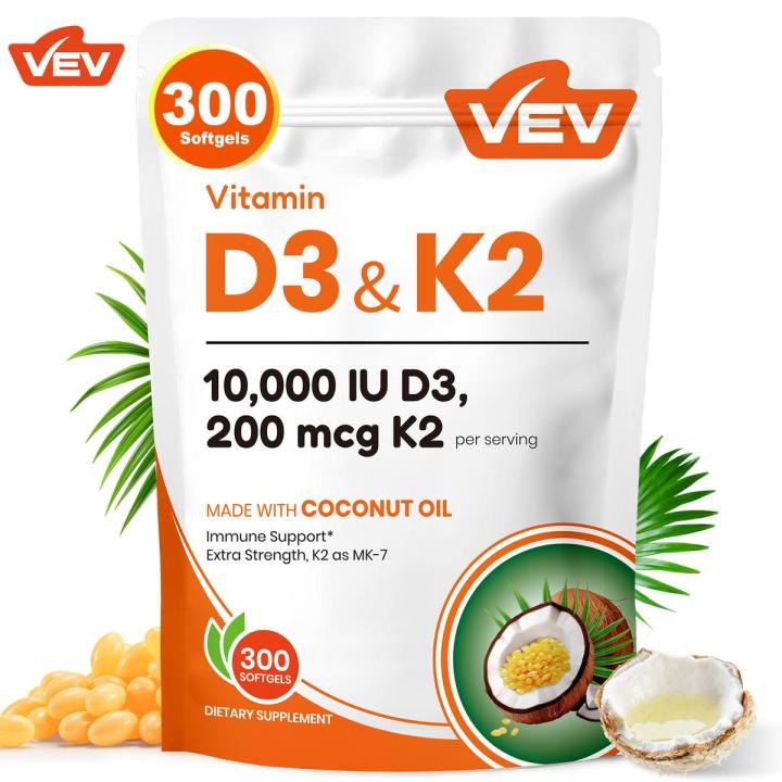 VEV Vitamin D3 K2 10000 IU, Virgin Coconut Oil, 2 in 1 Vitamins ...