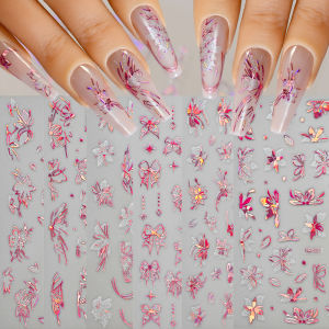 ZEEMIN 6Pcs/set 3D Laser Pink Butterfly Flower Nail Sticker Holo Hibiscus Ribbon Bow Nail Art Decal Super Beautiful Manicure Slider Dec