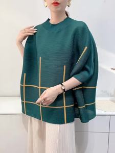 2024 Spring/Summer New Printed Top Womens Pleated T-shirt Loose Mock Neck Comfort and Casual Plump Girls Wear