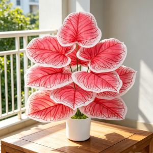 DewyBabe Artificial Potted Plant Pink Leaves Fake Foliage Simulation Plastic Bonsai Tabletop Room Decor Low Maintenance