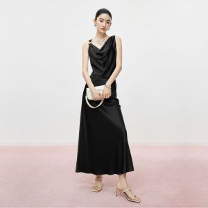 Set Đồ Lụa Cổ Đổ Lệch Vai - Áo Cổ Đổ Khoen Tròn và Chân Váy Dài Lụa Cao Cấp Kiêu Sa Sang Trọng Dự Tiệc_BS0184