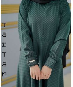 Gamis hermosa bahan wolfis motif tartan warna hijau botol-Gamis syari premium busui friendly umbrella