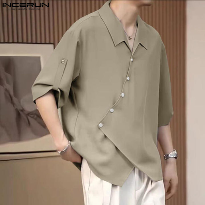 INCERUN Men's Stylish Short Sleeve Frog Button Top Lapel Solid - Main Image