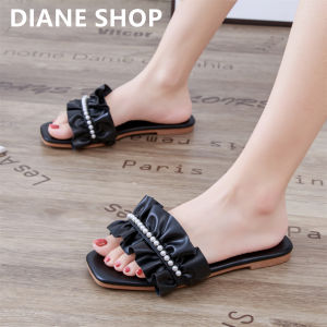 New Womens Fashion Sandals Korean Style Pearl Flat Sandals Non-slip and Comfortable Slip-on Trendy Womens Pearl Sandals for Outerwear 0100523