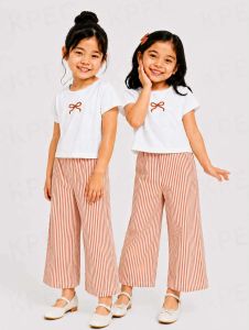 CC ..Chic Striped Cotton-Blend T-Shirt & Wide-Leg Pants Set for Girls