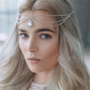 Minwen Forehead Necklace Women Tassel Hair Chain Tiara Water Drop Hair