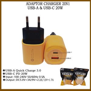 Adaptor Charger P45 2Port USB-A + USB-C PD 20W (Murni2A) Fast Charging Adapter Kepala Charger